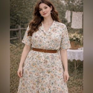 90’s does 50’s skirt & blouse set - Laura Jayne - cream & green floral- plus 24W